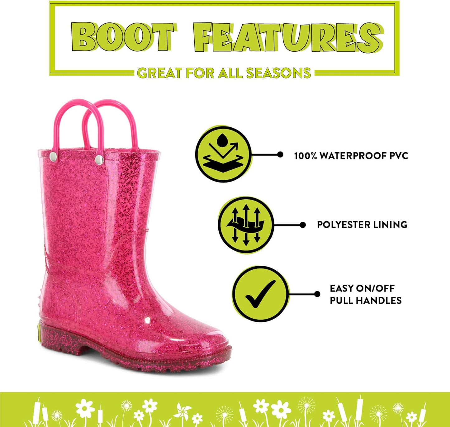 Girl'S Glitter Waterproof Rain Boot with Easy Pull on Handles, Perfect Lightweight Rain Boots for Kids