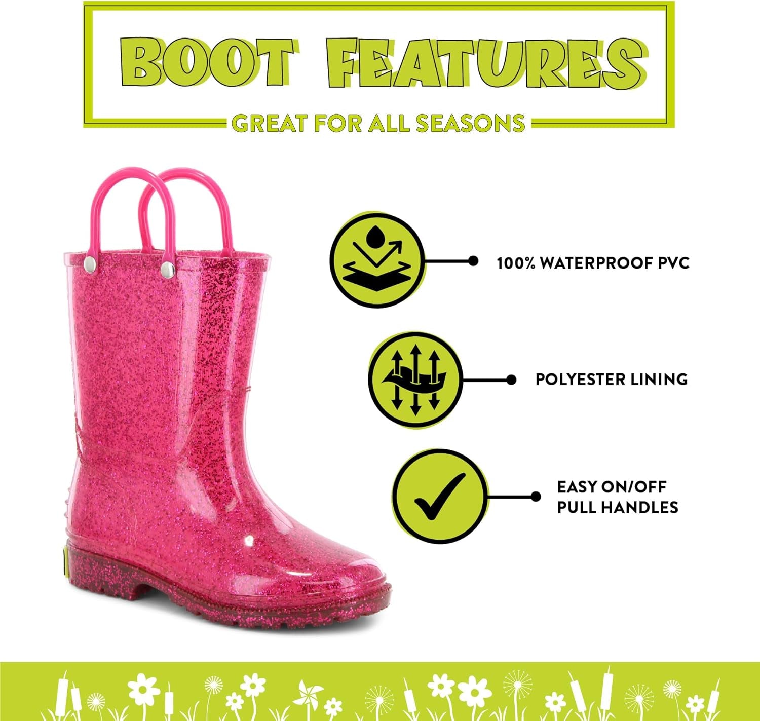 Girl'S Glitter Waterproof Rain Boot with Easy Pull on Handles, Perfect Lightweight Rain Boots for Kids