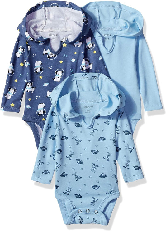 Baby Long Sleeve Bodysuit, Ultimate Bodysuit Hoodie Boys & Girls, 3-Pack